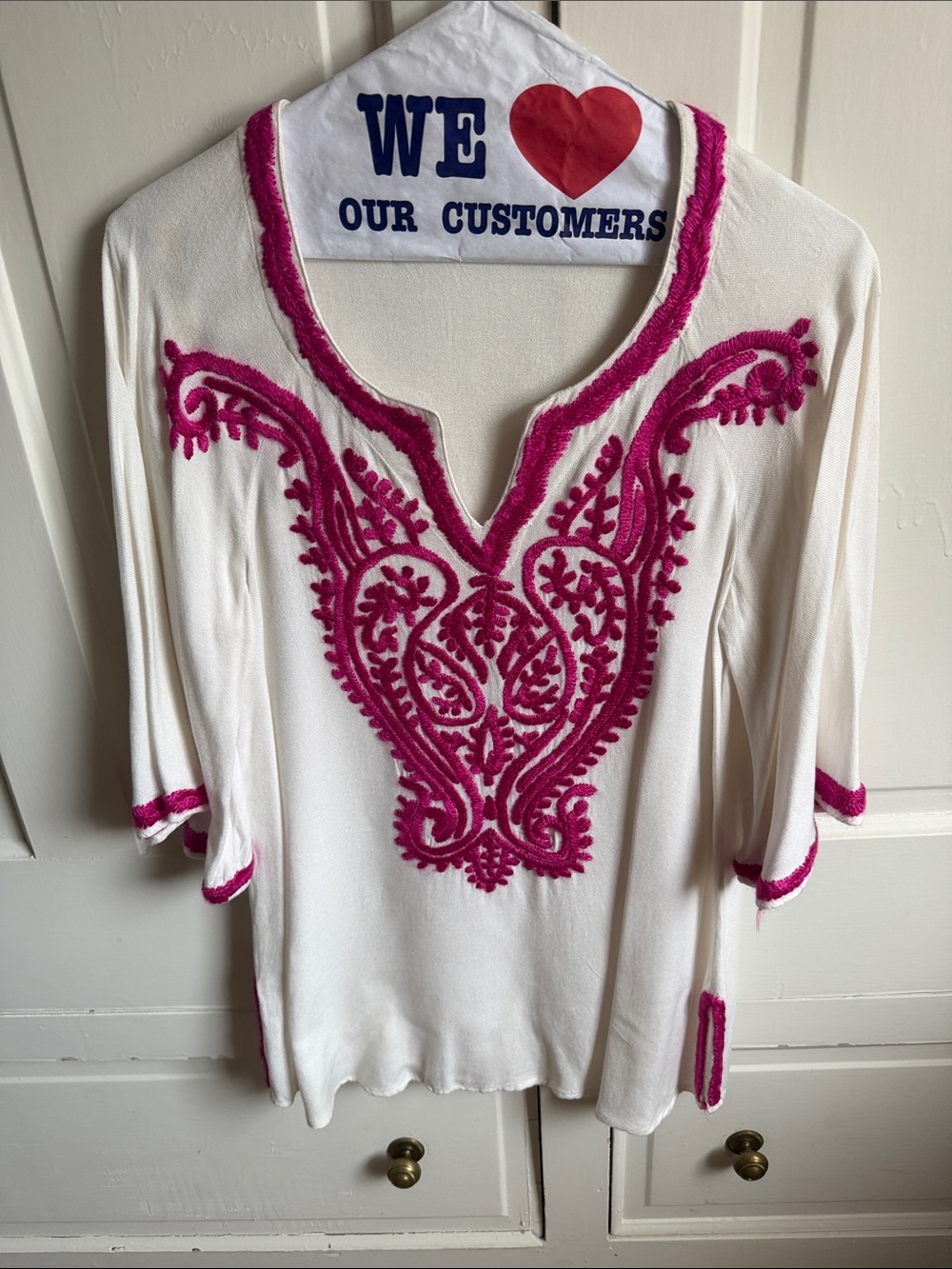 Cream Tunic Top with Hot Pink Embroidered V-Neck